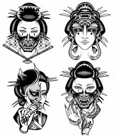 four japanese geisha women with their faces painted in black and white, each wearing an elaborate headdress