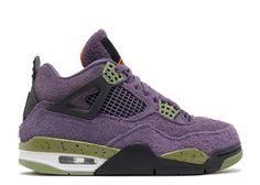 The base of these retro 4’s is a vibrant purple shaggy suede. The midsole and eyelets of the shoe is alligator green with black specs in them. The outsole, back heel tab, and the lace flaps are all black rubber. The signature Flight logo on the tongue of the shoe is in safety orange threading. The entire shoe is reminiscent of Tinker Hatfield’s 1989 original design. Jordan 4 Retro Canyon Purple, Jordan 4’s, Jordan Retro 4, Jordan Model, Retro 4, Sneaker Release, Jordan 4 Retro, Purple Suede, Air Jordan 4