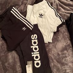 Brand New Xl Adidas Leggings Used Pair Xl Adidas Leggings L Adidas Shirt All 3 Items For One Price Adidas White Workout Pants, Blue Striped Shirt Outfit, Adidas Jumpsuit, Golf Leggings, Mesh Workout Leggings, Rose Adidas, Adidas Set, High Waisted Tights, Black Workout Leggings