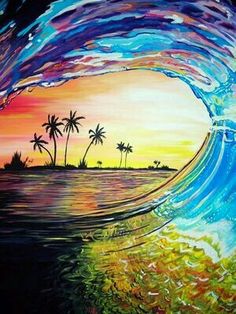 a painting of a sunset with palm trees in the background and an ocean wave crashing