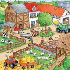 the farmyard is full of animals and people