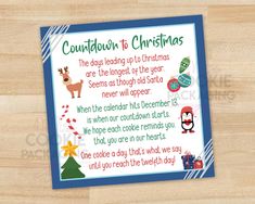 a printable christmas poem with penguins and reindeers on it's side, next to a wooden table