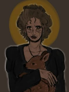 a drawing of a woman holding a deer