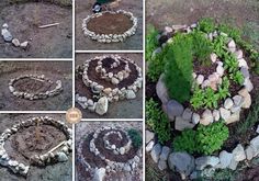 there are many different pictures of rocks and plants in the ground, including one that has been made into a planter