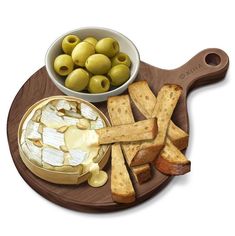 olives, cheese and crackers on a cutting board