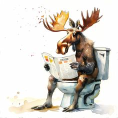 a moose sitting on top of a toilet reading a newspaper