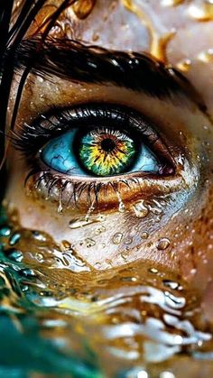 an eye that has water on it and is looking at the camera with blue eyes