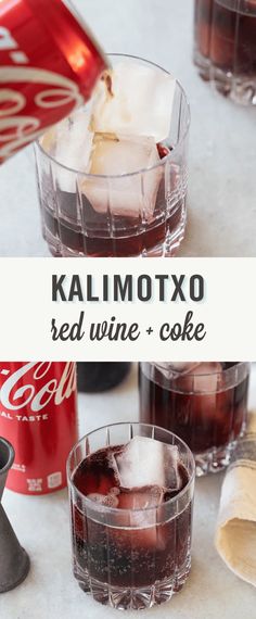 two glasses filled with red wine and ice sitting on top of a table next to coke cans