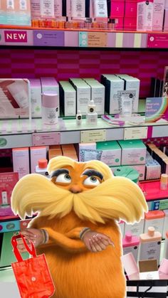 the lorax is holding a shopping bag in front of some shelves with cosmetics