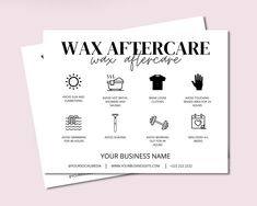 two business cards with the words wax after care written on them, and an image of a