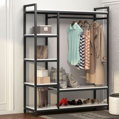 PRICES MAY VARY. Incredible Weight Capacity : Heavy duty metal frame combine with thick particle board makes the it super stable and sturdy, no wobble and collapse. The Weight capacity is 450 lb. Ideal for being a long-term closet storage organizer. Large Storage Solution : 2 large shelves and 4 small ones ensure you plently of room to place clothes, accessries, shoes etc. The garment rods hold up 50 lb. For hanging your dress and suits. And put large box on the top for added storage. Freestandi Standing Closet, Closet Storage Systems, Free Standing Closet, Portable Closet, Closet Organizing Systems, Large Closet, Large Shelves, Hanging Bar, Storage Closet Organization