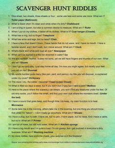 the scavenger hunt riddles poster is shown in green, yellow and blue