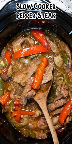 slow cooker pepper steak in a crock pot with a wooden spoon and white cloth