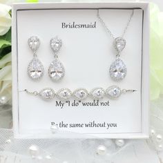 ". This is Cubic Zirconia necklace & Earring is very elegance and simplicity for Bridesmaids. also it to be perfect necklace any special day. .Size .Necklace pendant( UP) -L -12mm (include O ring) W 9mm (down)- L-17mm W-12mm Cubic Zirconia -luster Rhodium Connection- L 7mm W-3mm Chain- 16.5\"- Extension 2.5\" .Earring -Total length 1 1/4\"(3cm) pendant (up)- L12mm W-9mm pendant (Dangal) L-17mm (include O ring) W-12mm Cubic Zirconia -luster Rhodium .Bracelet- length11\"(28cm) . Gift Box size (W3 Rose Gold Bridesmaid Jewelry Set, Rose Gold Bridesmaid Jewelry, Bridesmaids Accessories, Gold Bridesmaid Jewelry, Bridesmaid Jewelry Set, Rose Gold Bridesmaid, Zirconia Necklace, Ring Der O, Bridesmaid Accessories