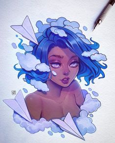 a drawing of a woman with blue hair and clouds on her head, in front of a pen