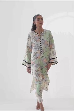 Summer Straight Kurta With Set-in Sleeves, Silk Sets For Spring Daywear, Feminine Silk Sets For Spring, White Silk Lawn Suit For Spring, Silk Long Sleeve Kurta With Digital Print, Silk Kurta With Digital Print And Long Sleeves, Elegant Summer Kurta With Set-in Sleeves, Silk Floral Print Long Sleeve Sets, Chic Green Floral Print Sets