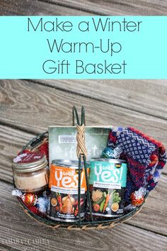 a basket filled with food sitting on top of a wooden table