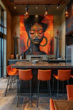 a kitchen with orange chairs and an art work on the wall behind it in front of a bar