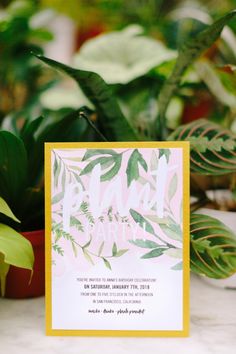 the wedding stationery is surrounded by greenery and potted plants, such as succulents