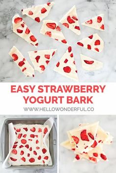 easy strawberry yogurt bark recipe with strawberries on top and in the middle