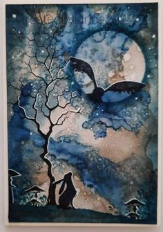 a watercolor painting of a bird flying in the night sky with a tree and moon behind it