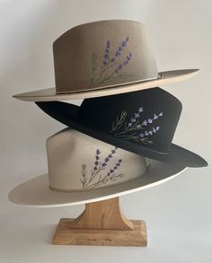 Lavender Haze – Diana Dawn Hand Painted Felt Hats, Embroidered Felt Hat, Handmade Fitted Fedora For Spring, Handmade Fitted Hat For Country Events, Handmade Fitted Hat Bands For Spring, Western Style Embroidered Flat Brim Hat, Wildflower Burned Hat, Hand Painted Brimmed Country Hats, Lavender Fitted Hat With Curved Brim