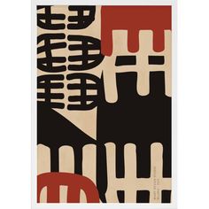 an art print with black, red and white shapes on it's paper background