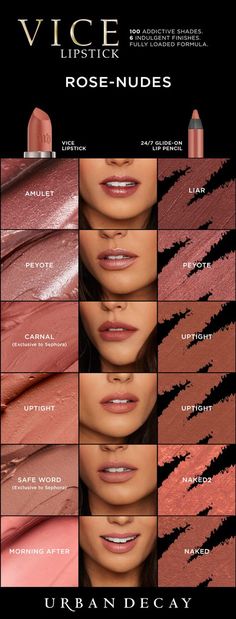 Find the perfect rose nude to match any look! From matte to metallized, pick it up in your favorite finish now at urbandecay.com. Makeup Looks Prom, Diy Kosmetik, Lipstick Swatches