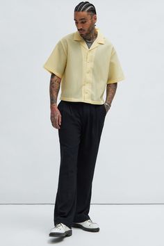 Available In Yellow. Fold Down Collar Front Button Closure Bottom Side Slit Short Sleeve Textured Detail 73% Polyester 25% Nylon 2% Spandex Imported | Mens Michael Textured Cropped Shirt in Yellow size 3XL by Fashion Nova Yellow Top Outfit Men, Textured Outfit Men, Men’s Dress Wear, Texture Shirt Men, Short Men’s Fashion, Stud Streetwear, Yellow Shirt Outfit Men, Men Cropped Shirt, Mens Cropped Shirt