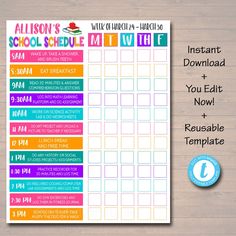 the printable school schedule is displayed on a wooden table