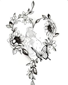 a drawing of a girl with flowers and butterflies on her shoulder, in the shape of a heart