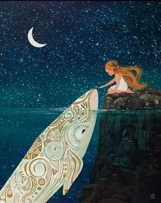 a painting of a woman sitting on top of a surfboard looking at the stars