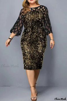 Olivia Mark - Elegant Black and Gold O Neck Sequined Patchwork Straight Dress for Plus-size Women Luxury Robes, Sequin Party, Bride Groom Dress, Dresses Plus Size, Evening Dresses For Weddings, Elegant Dresses For Women, Women Midi, Plus Size Womens Clothing, Evening Party Dress