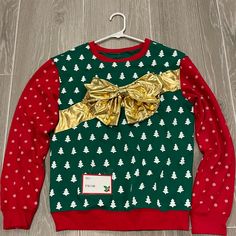 Women’s Ugly Christmas Tree Crewneck Sweater With Gold Bow Wrap. Plus Size Ugly Christmas Sweater, Pregnancy Ugly Christmas Sweater, Ugly Christmas Sweater Pregnant, Ugly Christmas Tree, Ugly Christmas Sweater Print, Diy Christmas Sweater, Ugly Christmas Sweater Women, Ugly Sweater Christmas Party Sweaters & Cardigans, Ugly Sweater