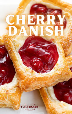 cherry danish pastries on a white plate with the title overlay reads, cherry danish