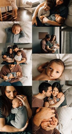 a collage of photos shows a woman and man cuddling while holding their baby