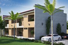 an artist's rendering of a two - story apartment building with palm trees in the foreground