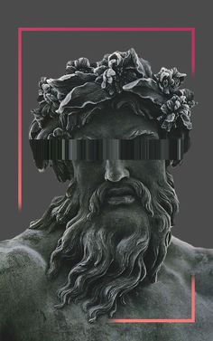 a statue with a beard and flowers on it's head in front of a pink frame