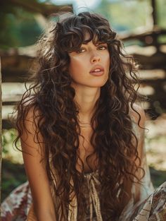 Long bohemian hair with curtain bangs embraces a free-spirited and natural look. This style is perfect for those who love a relaxed and effortless vibe. It suits various hair types, particularly those with curly or wavy hair, adding a touch of boho chic to your everyday style. Wavy 70s Hair, Bangs For Wavy Curly Hair, Curly Long Hair With Bangs, Long Hairstyles With Curtain Bangs, Long Wavy Hair With Bangs, Curly Long Bangs, Long Curly Hair With Bangs, Hairstyles With Curtain Bangs, Intricate Hairstyles