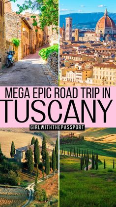 the road trip in tuscany with text overlay