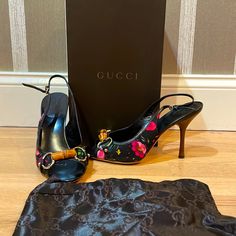 Almost Like Brand New , Sling Back Black With Multi Color Floral Canvas Size 39 Very Comfortable 100% Authentic ! Gucci Slingback Party Sandals, Gucci Slingback Sandals For Party, Gucci Slingback Sandals With Heel Strap, Gucci Designer Slingback Sandals, Gucci Leather Slingback Sandals, Designer Gucci Slingback Sandals, Luxury Gucci Slingback Sandals, Designer Slingback Heels, Shoes Gucci