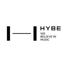 the hybe logo is black and white with words above it that say, we believe in music