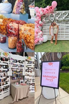 some pictures and balloons are on display at an outdoor event