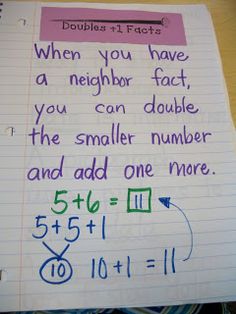 a notebook with writing on it that says, when you have a neighbor fact, you can double the smaller number and add one more