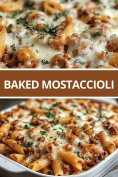 baked pasta in a casserole dish with meat and cheese on top, topped with parsley