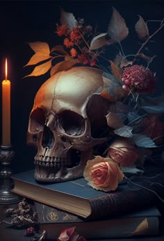 a skull sitting on top of a book next to a candle