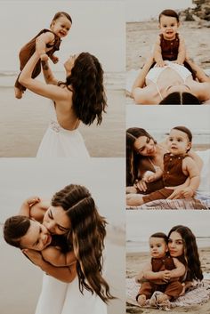 a woman holding a baby on the beach