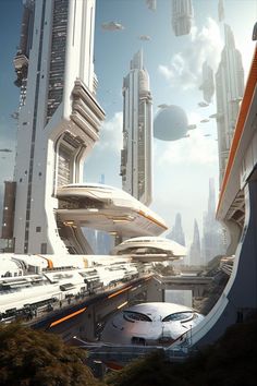 the futuristic city is surrounded by tall buildings