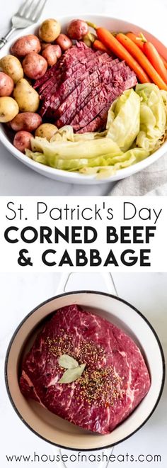 two pictures showing different types of meat and vegetables with the words st patrick's day corned beef and cabbage