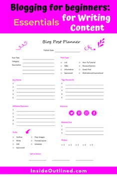 a pink and white photo with the words blogging for beginners essentials for writing content